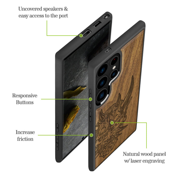 The Art of the Japanese Oni Mask, Classic Engraved Wood & TPU Case - Artisanal Cover for Samsung Galaxy