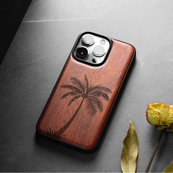 The Palm Tree Silhouette, Classic Engraved Wood & TPU Case - Artisanal Cover for Apple iPhone