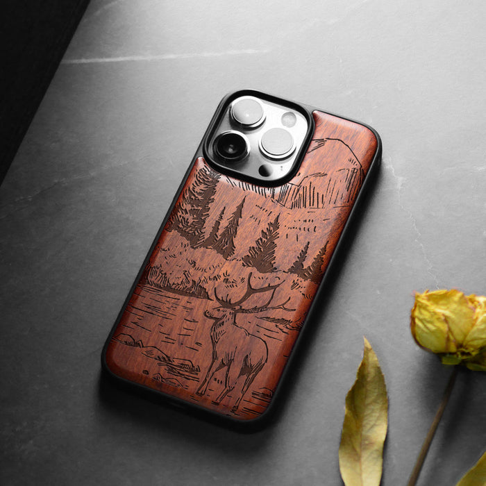 An Enthralling Natural Landscape Illustration, Classic Engraved Wood & TPU Case - Artisanal Cover for Apple iPhone