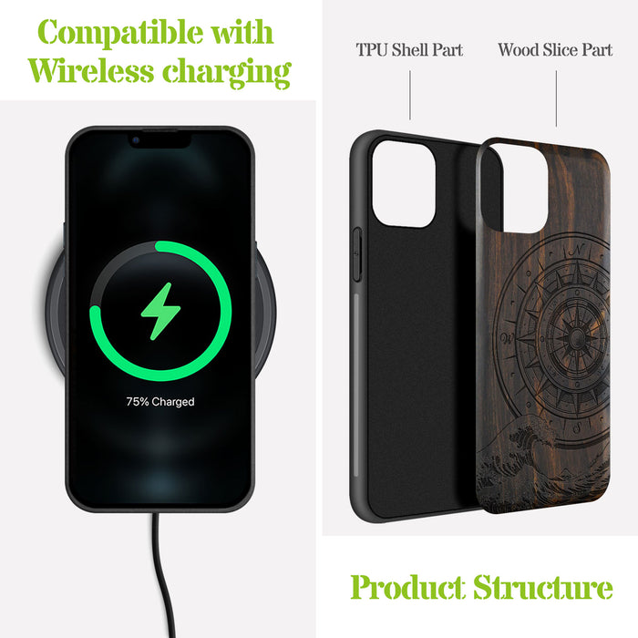 The Compass and the Wave, Classic Engraved Wood & TPU Case - Artisanal Cover for Apple iPhone