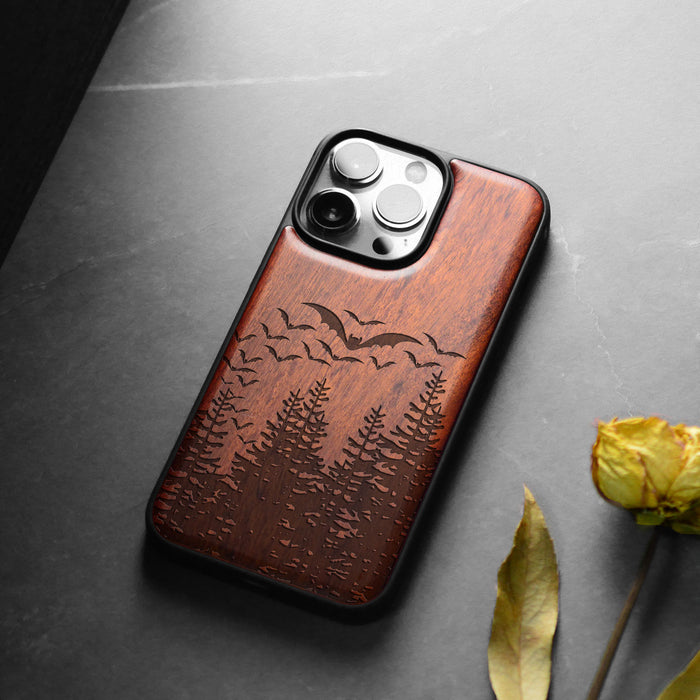 Bats Over the Forest, Classic Engraved Wood & TPU Case - Artisanal Cover for Apple iPhone