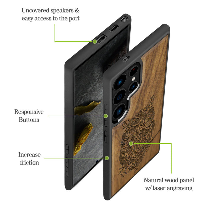 An Owl Perched on a Branch Classic Engraved Wood & TPU Case Samsung Galaxy Artisanal Case View