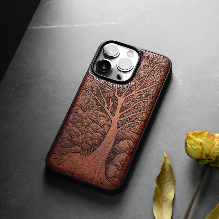 The Lino Print Tree, Classic Engraved Wood & TPU Case - Artisanal Cover for Apple iPhone