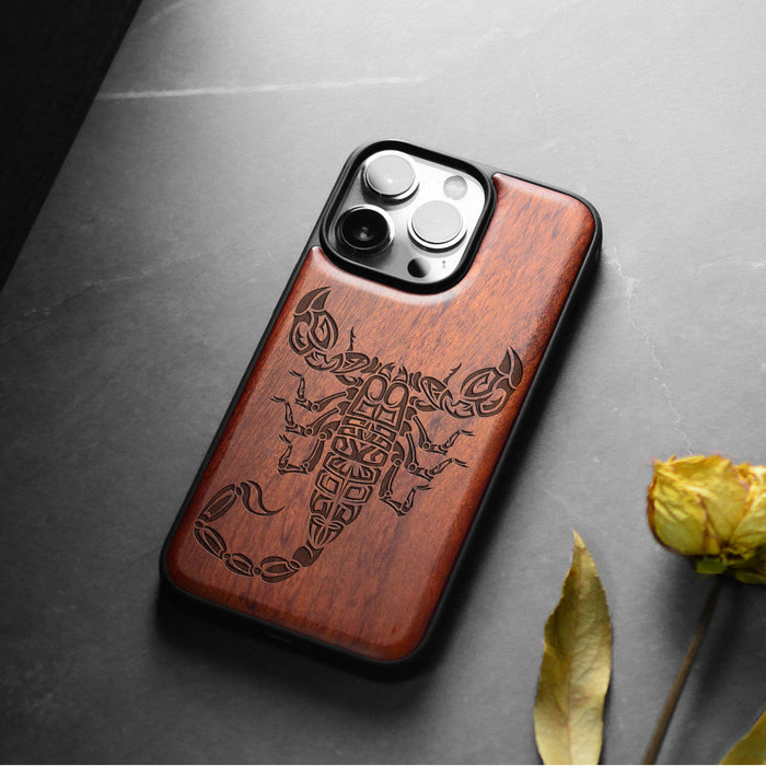 The Tribal Scorpion, Classic Engraved Wood & TPU Case - Artisanal Cover for Apple iPhone