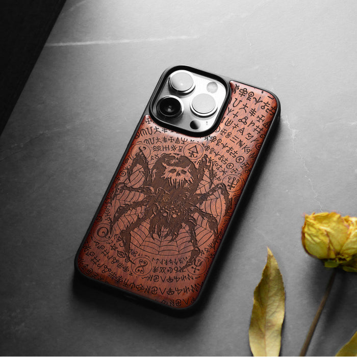 Enigmatic Black Spider Amidst Runes, Classic Engraved Wood & TPU Case - Artisanal Cover for Apple iPhone