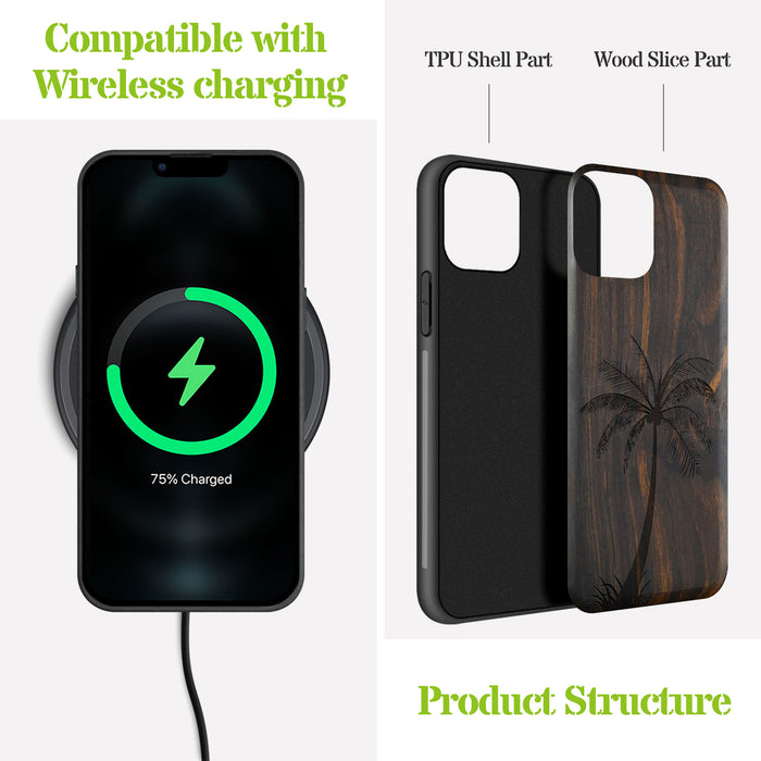 The Palm Tree Silhouette, Classic Engraved Wood & TPU Case - Artisanal Cover for Apple iPhone