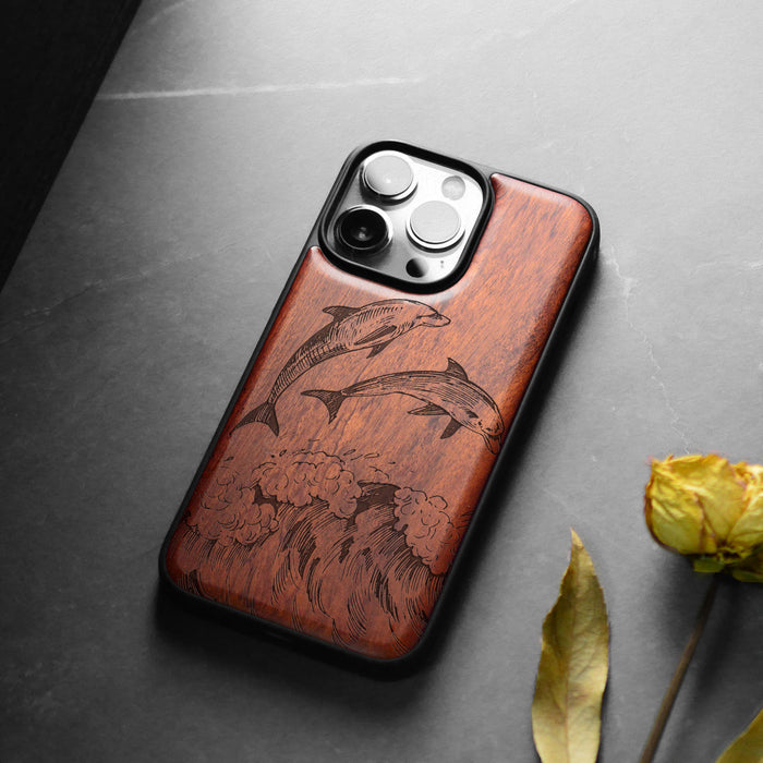 Dual Dolphins in the Waves, Classic Engraved Wood & TPU Case - Artisanal Cover for Apple iPhone