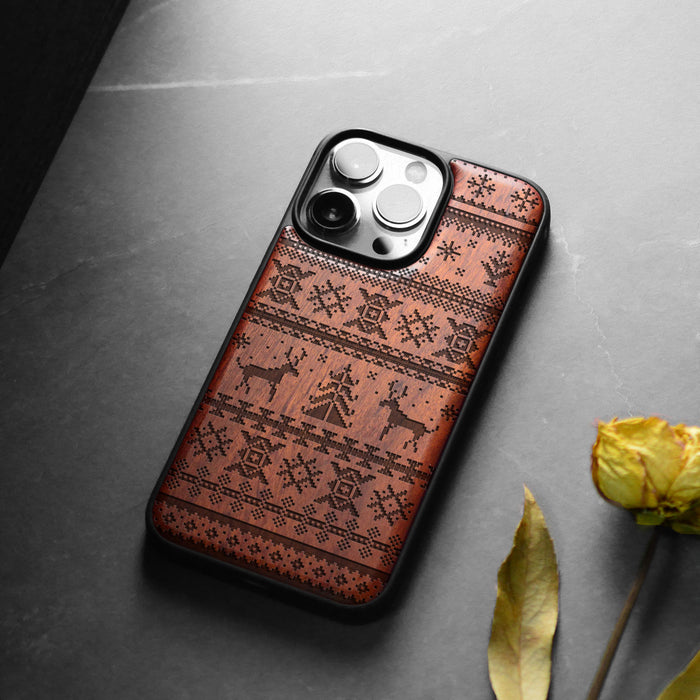 Deer, Snowflake, and Tree, Classic Engraved Wood & TPU Case - Artisanal Cover for Apple iPhone