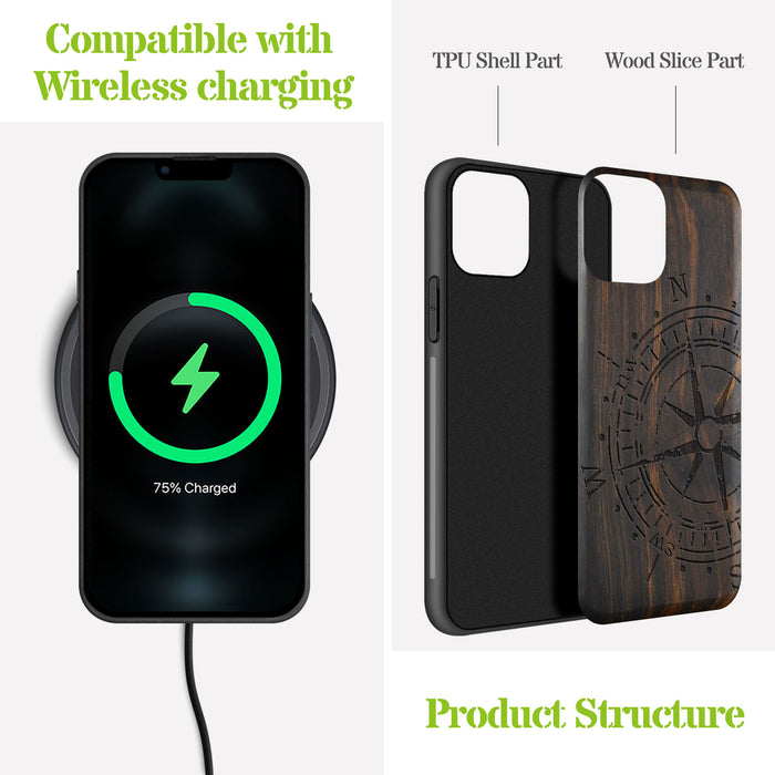 The Incomplete Compass, Classic Engraved Wood & TPU Case - Artisanal Cover for Apple iPhone