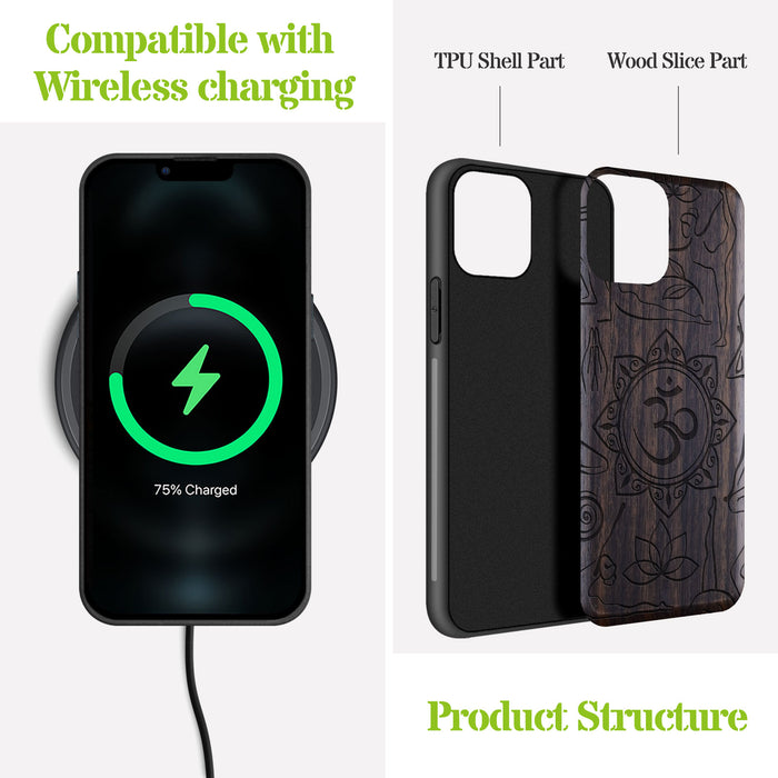 The Yoga Essence, Classic Engraved Wood & TPU Case - Artisanal Cover for Apple iPhone