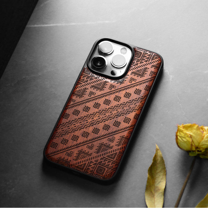 Aztec Geometric Harmony, Classic Engraved Wood & TPU Case - Artisanal Cover for Apple iPhone