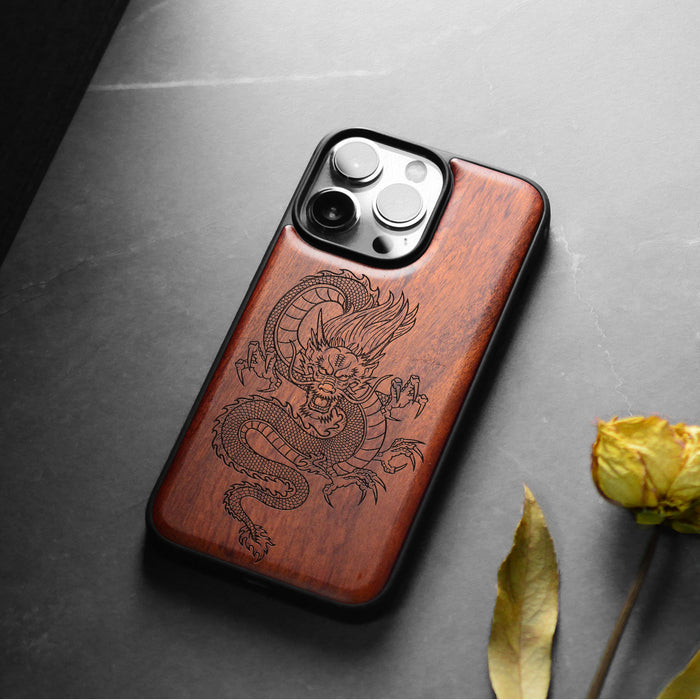 The Oriental Dragon, Classic Engraved Wood & TPU Case - Artisanal Cover for Apple iPhone