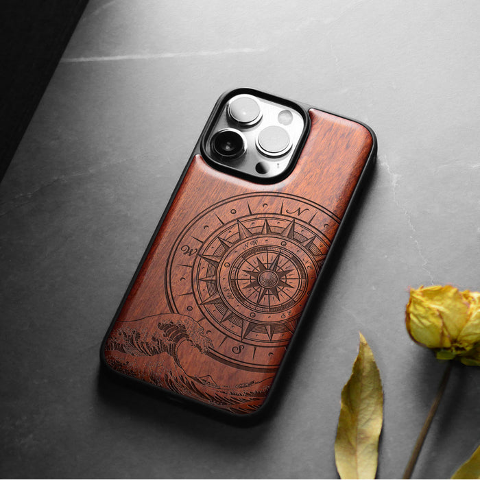 The Compass and the Wave, Classic Engraved Wood & TPU Case - Artisanal Cover for Apple iPhone