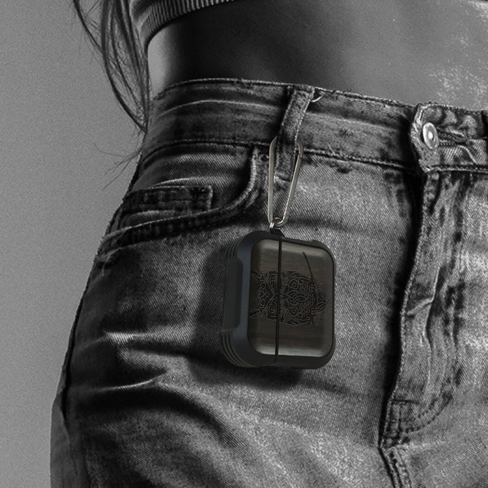 An Owl Perched on a Branch - Wood Artisan Engraved & Shell Hand-Inlaid Cover - Artisanal Case for Apple AirPods (Titanium Quick Released Clasp)