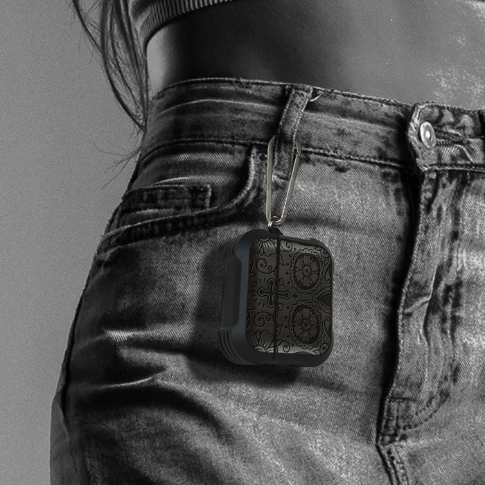 Fiesta Skull - Wood Artisan Engraved & Shell Hand-Inlaid Cover - Artisanal Case for Apple AirPods (Titanium Quick Released Clasp)