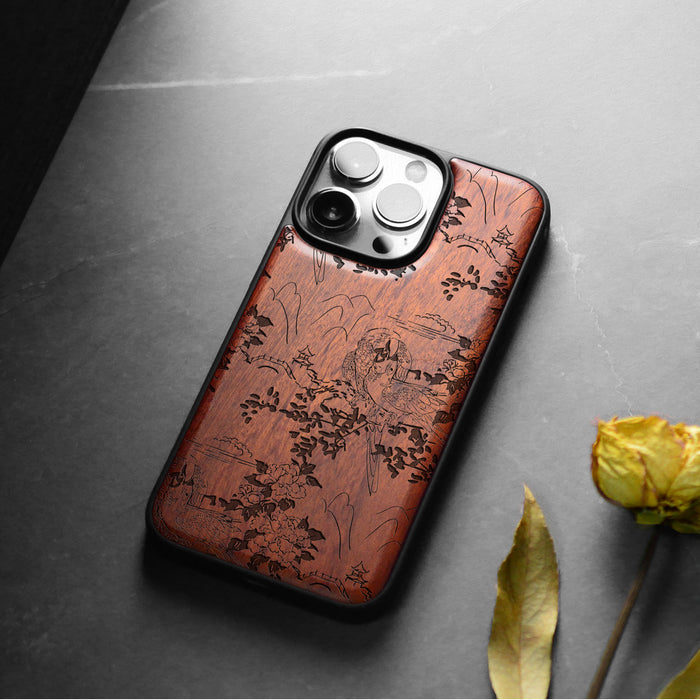 Oriental Elegance, Classic Engraved Wood & TPU Case - Artisanal Cover for Apple iPhone