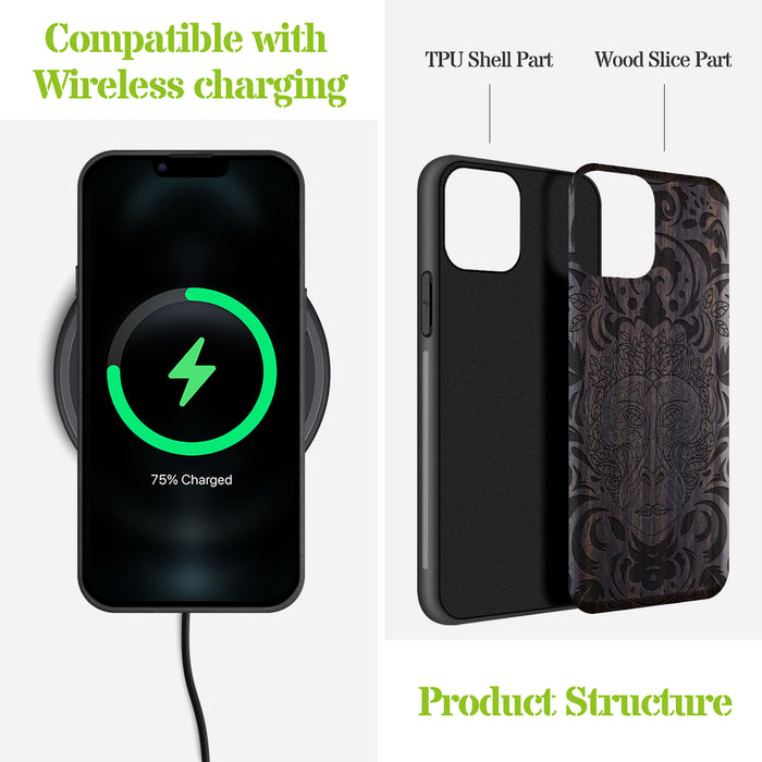 The Leafy Visage, Classic Engraved Wood & TPU Case - Artisanal Cover for Apple iPhone