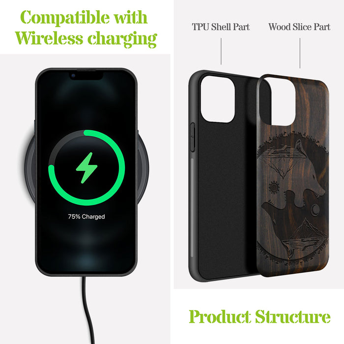 Yin-Yang Wolf, Classic Engraved Wood & TPU Case - Artisanal Cover for Apple iPhone