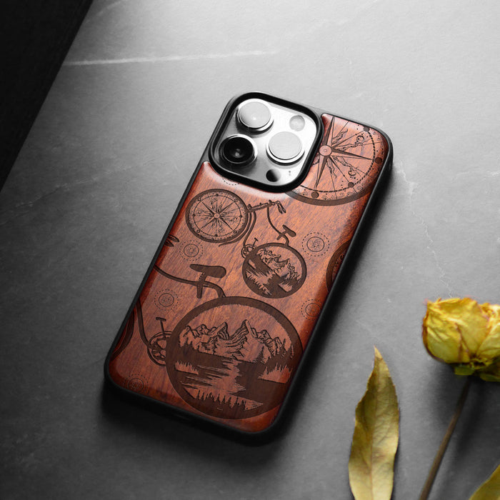 Bicycle Adventure, Classic Engraved Wood & TPU Case - Artisanal Cover for Apple iPhone