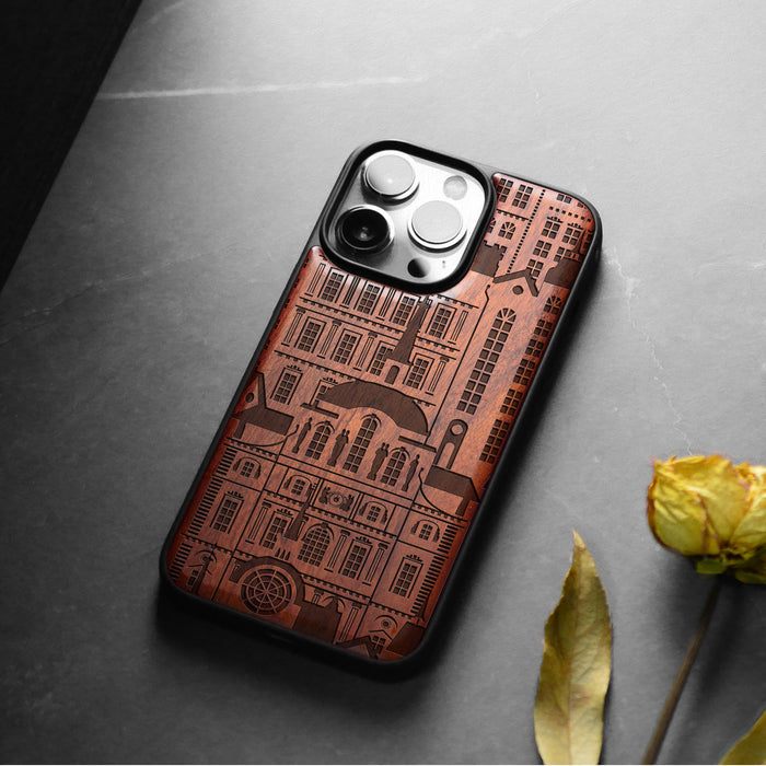 Urban Elegance, Classic Engraved Wood & TPU Case - Artisanal Cover for Apple iPhone