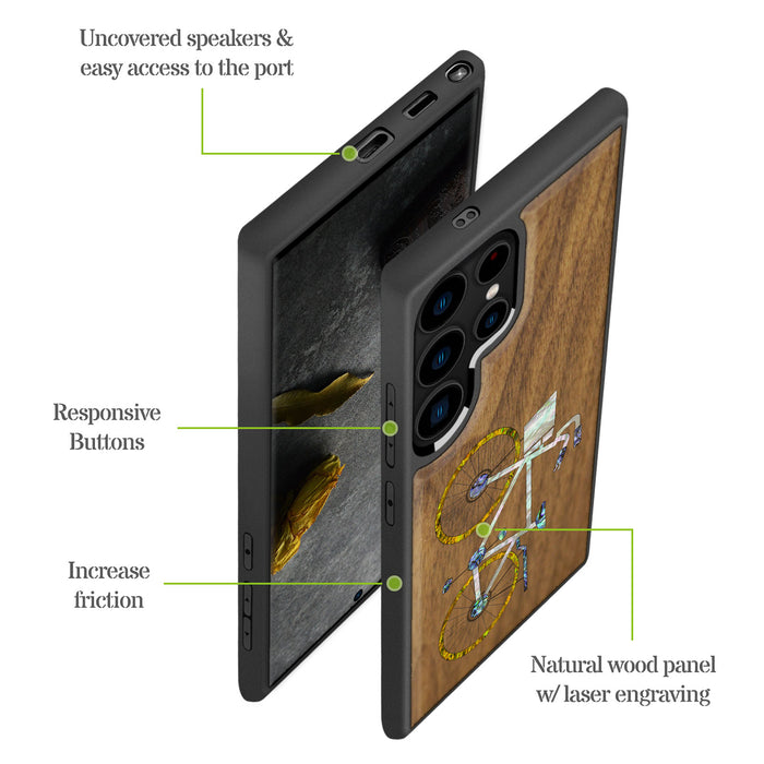 Classic Bicycle Silhouette, Hand-Inlaid Wood & Mother of Pearl Case - Artisanal Cover for Samsung Galaxy