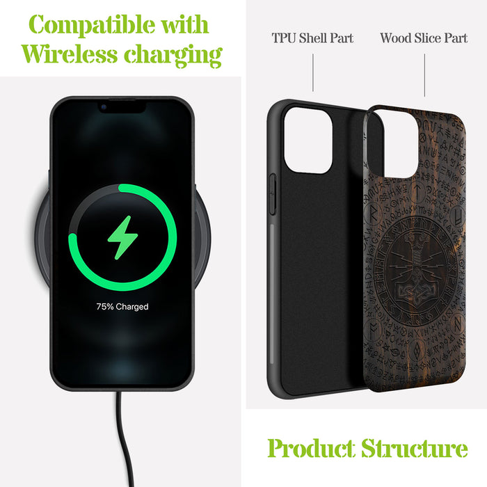 Mjölnir and the Runes, Classic Engraved Wood & TPU Case - Artisanal Cover for Apple iPhone