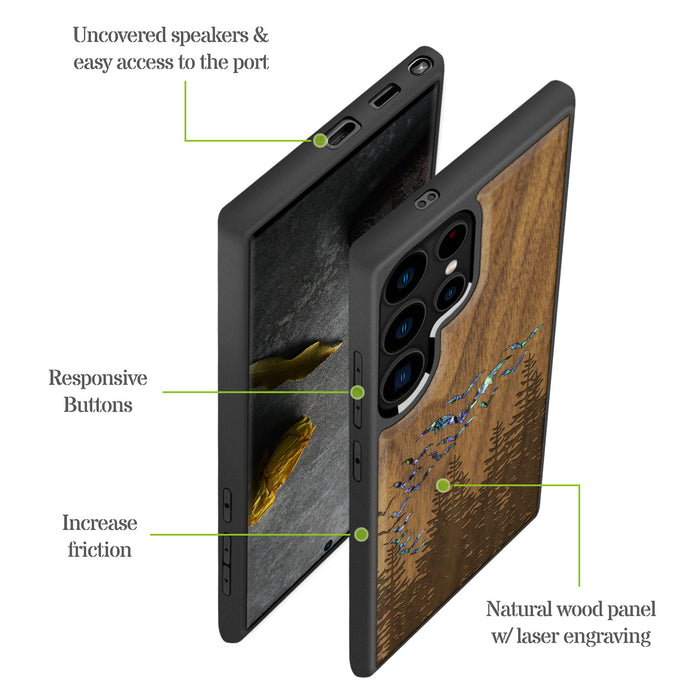 Bats Over the Forest, Hand-Inlaid Wood & Mother of Pearl Case - Artisanal Cover for Samsung Galaxy