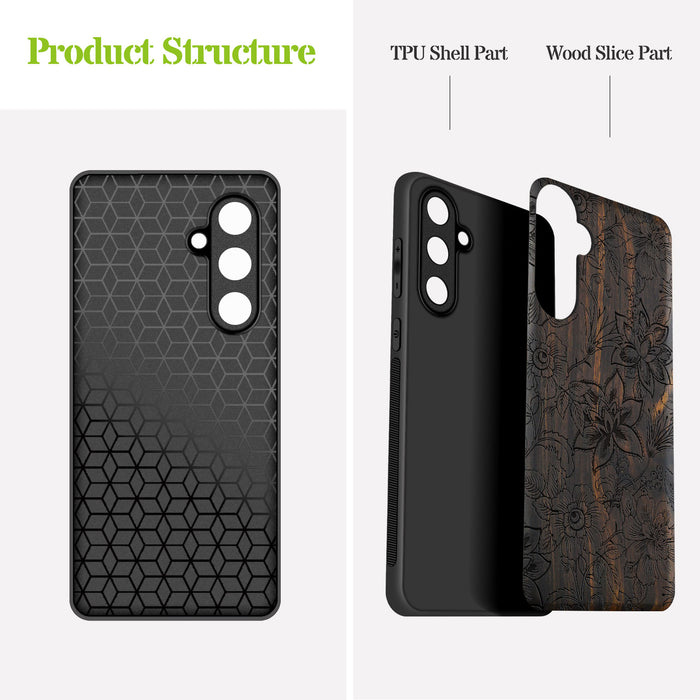 Floral Symphony, Classic Engraved Wood & TPU Case - Artisanal Cover for Samsung Galaxy