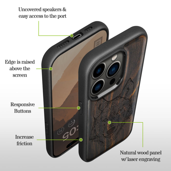 Realistic Wolf Linework Art, Classic Engraved Wood & TPU Case - Artisanal Cover for Apple iPhone