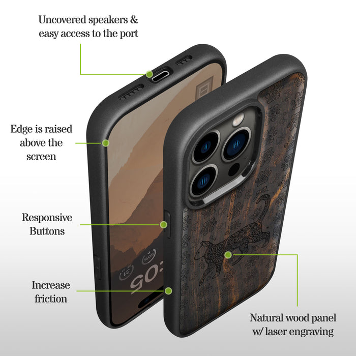 Majestic Tribal Feline, Classic Engraved Wood & TPU Case - Artisanal Cover for Apple iPhone