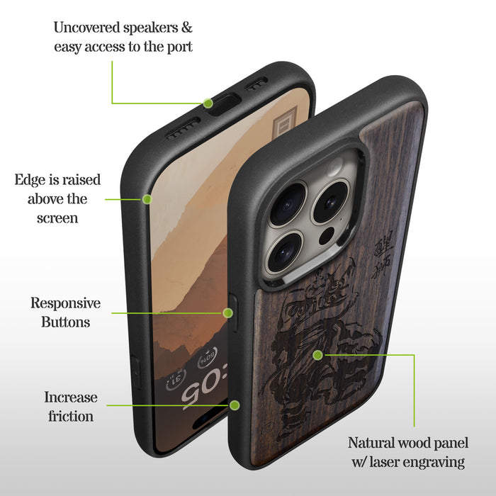 Lunar Lion, Classic Engraved Wood & TPU Case - Artisanal Cover for Apple iPhone