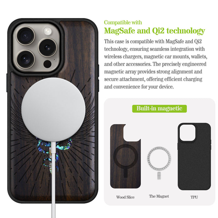 Serpent Winged Sword, Hand-Inlaid Wood & Mother of Pearl Case - Artisanal Cover for Apple iPhone