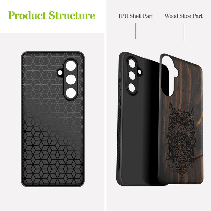 An Owl Perched on a Branch, Classic Engraved Wood & TPU Case - Artisanal Cover for Samsung Galaxy