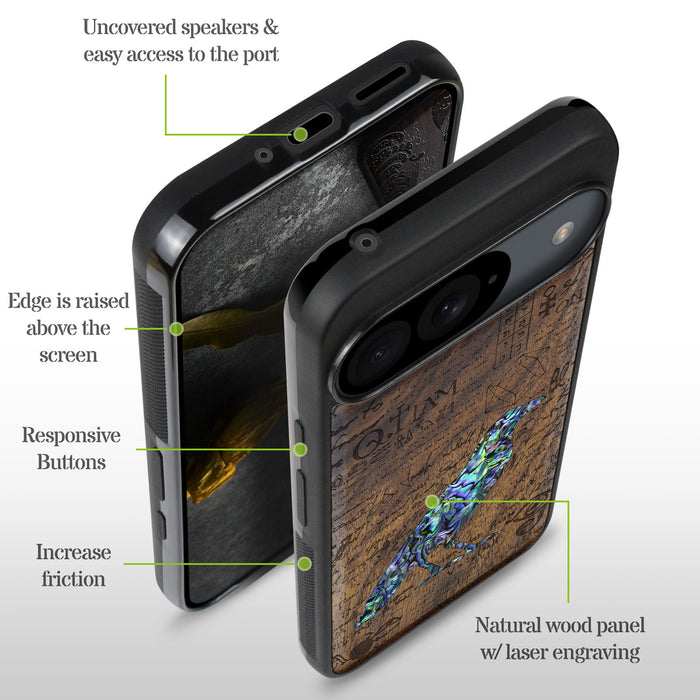 Raven Script, Hand-Inlaid Wood & Mother of Pearl Case - Artisanal Cover for Google Pixel