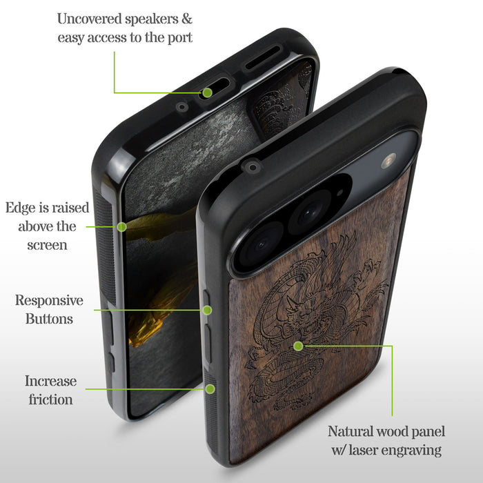 The Oriental Dragon, Classic Engraved Wood & TPU Case - Artisanal Cover for Google Pixel