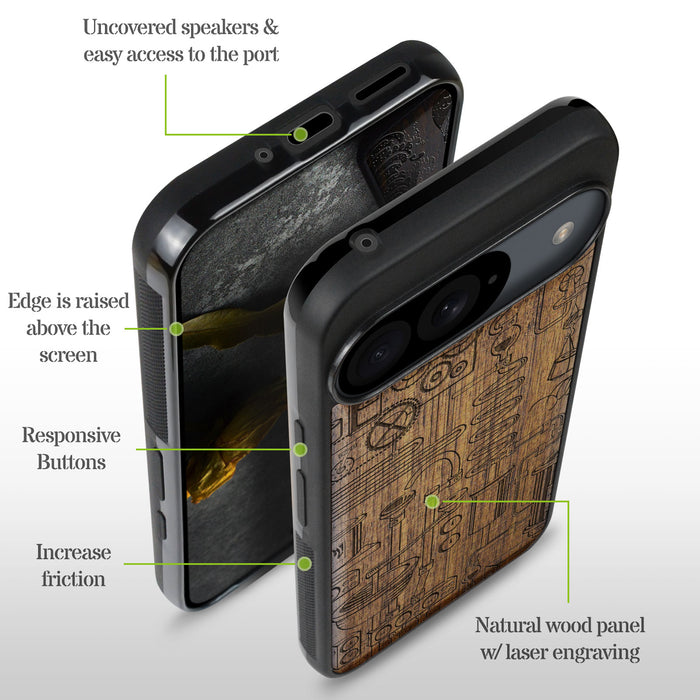 Machinery in Harmony, Classic Engraved Wood & TPU Case - Artisanal Cover for Google Pixel