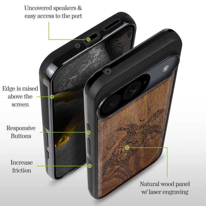 The Maori Turtle, Classic Engraved Wood & TPU Case - Artisanal Cover for Google Pixel