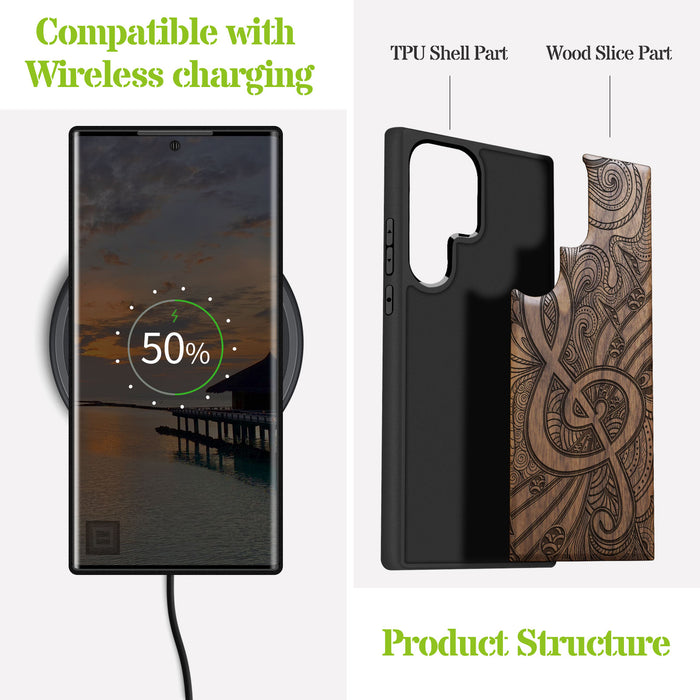 Zen Doodle Treble Clef, Classic Engraved Wood & TPU Case - Artisanal Cover for Samsung Galaxy