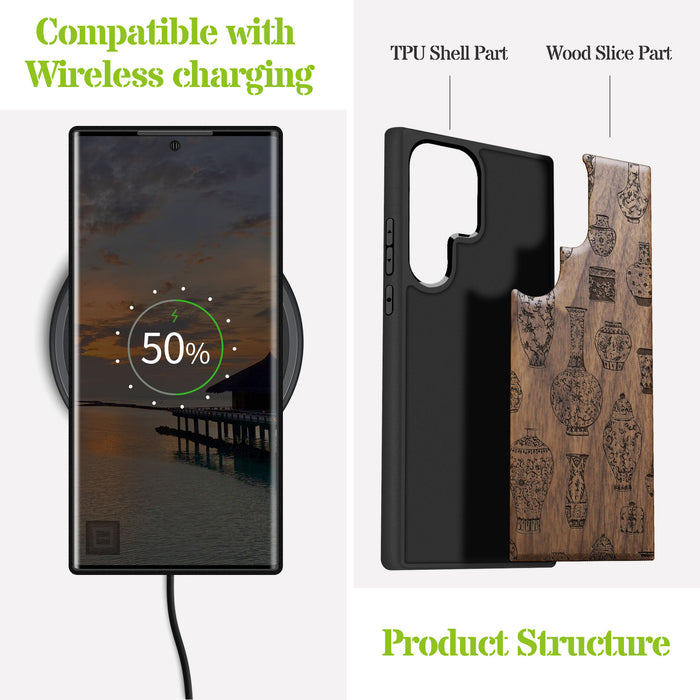 The Art of Chinese Ceramic Design, Classic Engraved Wood & TPU Case - Artisanal Cover for Samsung Galaxy