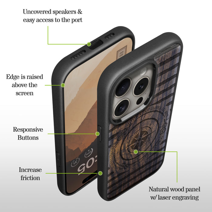 Charting the Course, Classic Engraved Wood & TPU Case - Artisanal Cover for Apple iPhone