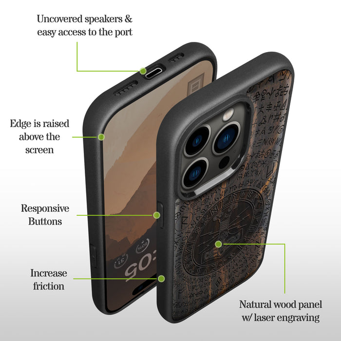 Mjölnir and the Runes, Classic Engraved Wood & TPU Case - Artisanal Cover for Apple iPhone