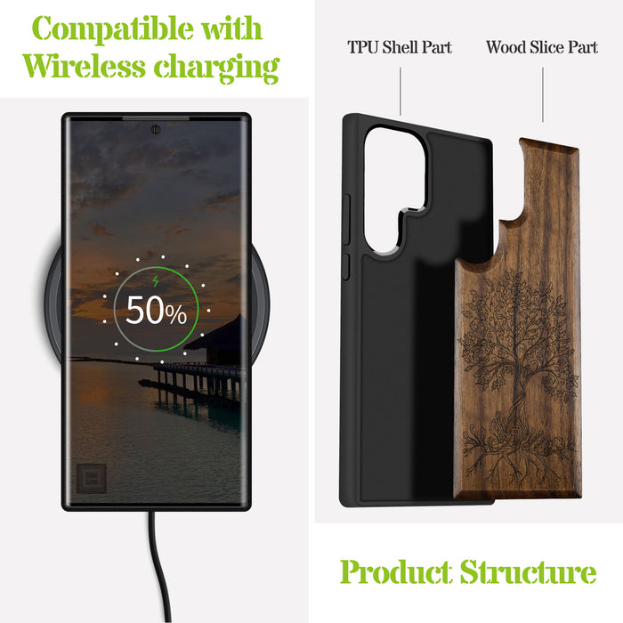 The Fairy Tree Line Art, Classic Engraved Wood & TPU Case - Artisanal Cover for Samsung Galaxy