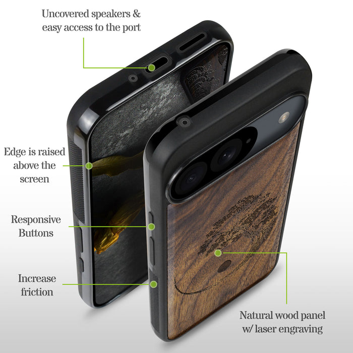 Yin Yang Bonsai Tree in Japanese Style, Classic Engraved Wood & TPU Case - Artisanal Cover for Google Pixel