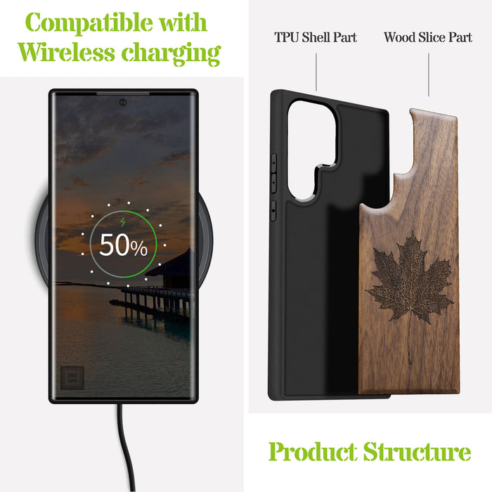 Intricate Maple Leaf Sketch, Classic Engraved Wood & TPU Case - Artisanal Cover for Samsung Galaxy