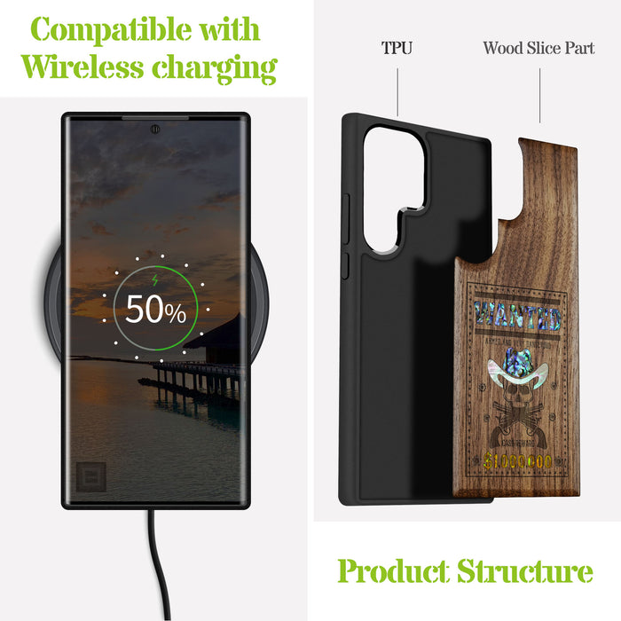 Outlaw Skull Wanted, Hand-Inlaid Wood & Mother of Pearl Case - Artisanal Cover for Samsung Galaxy