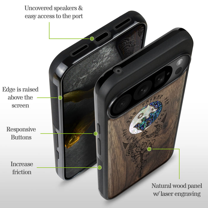 Vegvísir, Ravens, and Yggdrasil, Hand-Inlaid Wood & Mother of Pearl Case - Artisanal Cover for Google Pixel