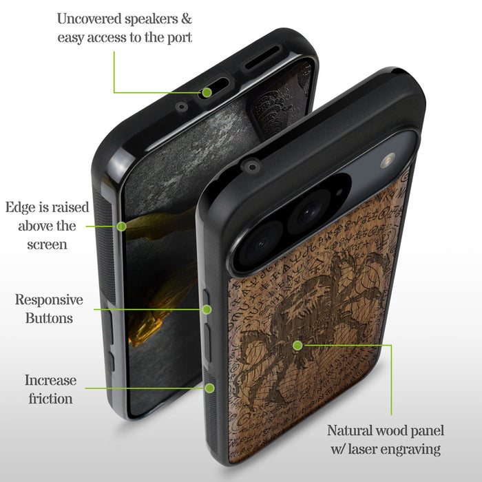 Enigmatic Black Spider Amidst Runes, Classic Engraved Wood & TPU Case - Artisanal Cover for Google Pixel