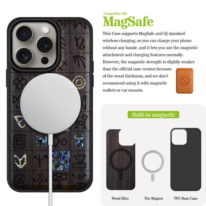 Mystical Runes, Hand-Inlaid Wood & Mother of Pearl Case - Artisanal Cover for Apple iPhone