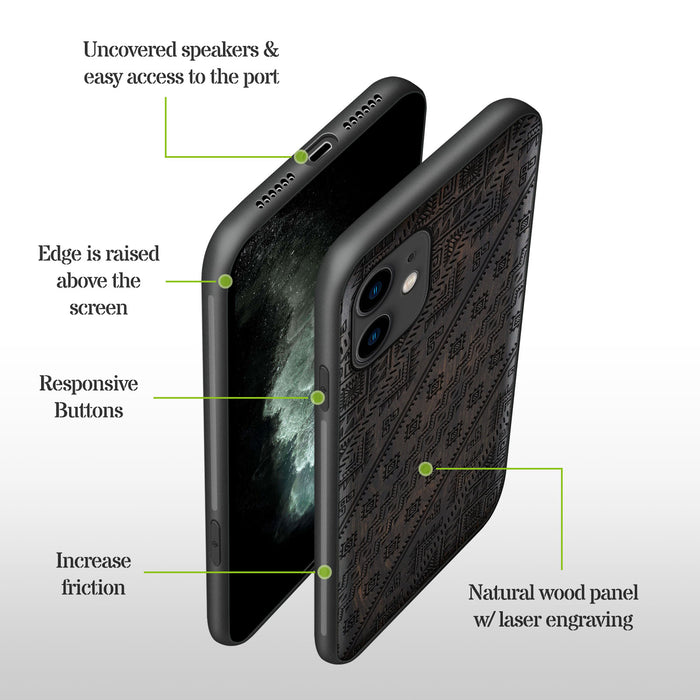 Aztec Geometric Harmony, Classic Engraved Wood & TPU Case - Artisanal Cover for Apple iPhone