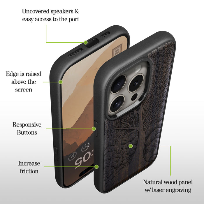 The Lino Print Tree, Classic Engraved Wood & TPU Case - Artisanal Cover for Apple iPhone